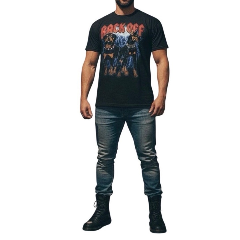 Mens Black‎ Graphic T Shirt Back Off Rottweiler Doberman Lightning XL